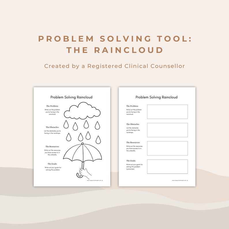 K&ouml;nnte beinhalten: Zwei wei&szlig;e Arbeitsbl&auml;tter mit dem Titel "Problem Solving Raincloud" mit Text und Illustrationen. Das linke Blatt zeigt eine Wolke, Regentropfen und einen Regenschirm. Der Text enth&auml;lt "Das Problem", "Die Hindernisse", "Die Ressourcen" und "Die Ziele".