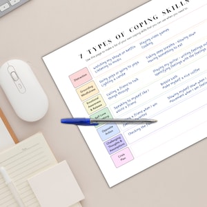 May include: A printable worksheet with a list of 7 types of coping skills, including distraction, grounding mindfulness, emotional awareness and release, self love, opposite action, challenging thoughts and assumptions, and crisis plan. Each type of coping skill has a list of examples of how to use that skill.