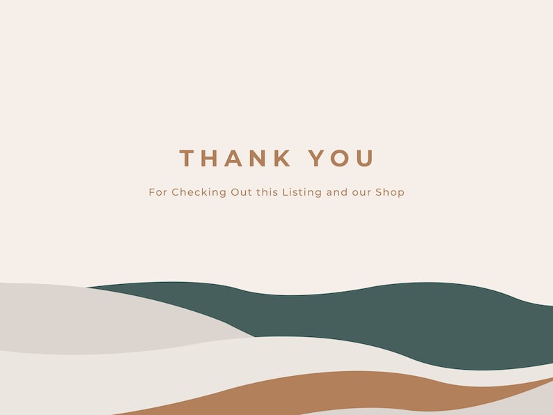 May include: Thank you for checking out this listing and our shop. The image features a minimalist design with abstract shapes in shades of brown, beige, and green.
