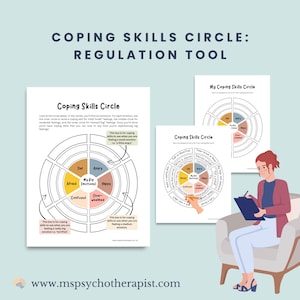 Pode incluir: Um círculo de habilidades de enfrentamento imprimível com uma roda colorida dividida em seis seções para diferentes emoções: tristeza, raiva, medo, minhas grandes emoções, felicidade e sobrecarregado. O círculo é rotulado como "Círculo de habilidades de enfrentamento: ferramenta de regulação" e inclui instruções para usar a ferramenta. A imagem também mostra uma pessoa usando a ferramenta.