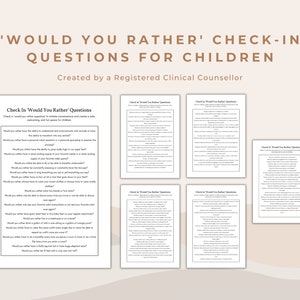 Könnte beinhalten: Eine Sammlung von gedruckten Arbeitsblättern mit den Titeln "'WOULD YOU RATHER' CHECK-IN QUESTIONS FOR CHILDREN" und "Check In 'Would You Rather' Questions". Die weißen Arbeitsblätter haben schwarzen Text und sind für Kindergespräche konzipiert. Erstellt von einem zugelassenen klinischen Berater.
