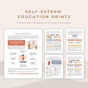 May include: A set of printable educational posters about self-esteem. The posters feature illustrations of people and text explaining the concept of self-esteem, including the factors that influence it. The posters are designed to be used in a classroom or therapy setting.
