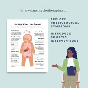May include: An illustration titled "My Body When... I'm Stressed" shows a diagram of the human body with highlighted areas indicating stress symptoms. A woman in a green blazer points to the diagram.