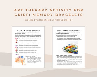 Könnte beinhalten: Eine druckbare Kunsttherapie-Aktivität für Trauerarbeit mit Erinnerungsarmbändern. Die Anleitung umfasst die Herstellung eines Armbands mit Perlen, die Erinnerungen an einen geliebten Menschen repräsentieren. Die Anleitung enthält Tipps zur Herstellung der Armbänder.
