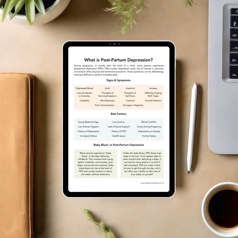 May include: A digital illustration on a tablet screen about post-partum depression. The illustration includes a title, "What is Post-Partum Depression?" and a list of signs and symptoms, risk factors, and a comparison between "Baby Blues" and "Post-Partum Depression".