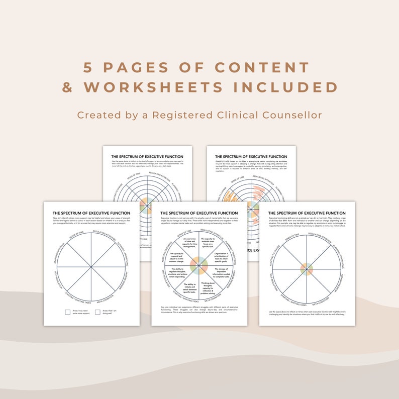 Pu&ograve; includere: Cinque fogli di lavoro stampabili in bianco e nero con il titolo "Lo spettro della funzione esecutiva". Ogni foglio di lavoro presenta un diagramma circolare con diverse sezioni etichettate con termini relativi alla funzione esecutiva. I fogli di lavoro sono progettati per aiutare le persone a comprendere e gestire le proprie capacit&agrave; di funzione esecutiva.
