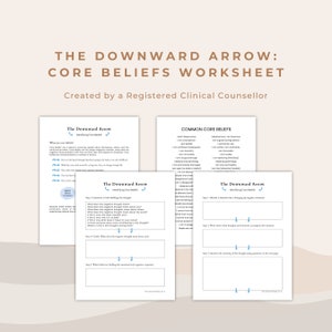 Pode incluir: Uma folha de trabalho imprimível intitulada "The Downward Arrow: Core Beliefs Worksheet" criada por um conselheiro clínico registrado. A folha de trabalho é projetada para ajudar a identificar e desafiar as crenças centrais negativas. Inclui uma seção sobre crenças centrais comuns e uma seção sobre a identificação de crenças centrais por meio de uma série de perguntas.
