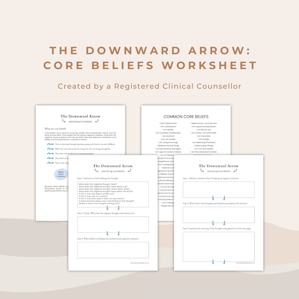 Downward Arrow Technique for Identifying Self-Limiting Core Beliefs | CBT Therapist Worksheet for Automatic Negative Thinking | Socratic