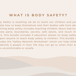 Peut inclure: Une illustration de lignes ondul&eacute;es beige et blanches avec le texte "WHAT IS BODY SAFETY?" et un paragraphe expliquant l'importance d'apprendre aux enfants la s&eacute;curit&eacute; corporelle.