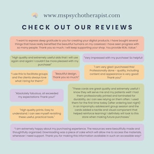 May include: A webpage screenshot with the text "www.mspsychotherapist.com" and "CHECK OUT OUR REVIEWS". The page features customer testimonials in colorful text boxes, praising the quality and usefulness of the digital products.