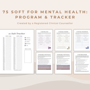 Puede incluir: Una hoja de trabajo imprimible titulada "75 Soft For Mental Health: Program & Tracker" creada por un consejero clínico registrado. La hoja de trabajo incluye un rastreador para 75 habilidades blandas, una sección para crear un programa de autocuidado y secciones para el autocuidado en las áreas de descanso, gratitud, nutrición y salud mental.