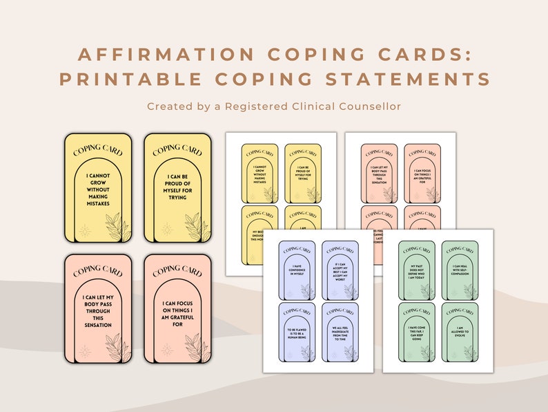 Puede incluir: Conjunto de tarjetas de afrontamiento imprimibles con afirmaciones. Las tarjetas son amarillas, rosas, azules y verdes con un arco negro y un dise&ntilde;o floral. El texto en las tarjetas incluye frases como "No puedo crecer sin cometer errores" y "Puedo estar orgulloso de m&iacute; mismo por intentarlo".