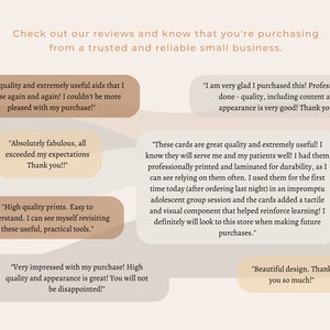 Peut inclure: Un collage d'avis clients mettant en avant la qualit&eacute; et l'utilit&eacute; des produits vendus par une petite entreprise. Les avis mentionnent des impressions de haute qualit&eacute;, des aides de grande qualit&eacute; et extr&ecirc;mement utiles, et un beau design.