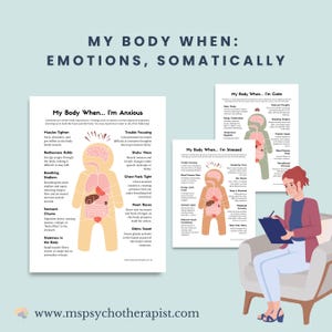 May include: A graphic with the title "My Body When: Emotions, Somatically" features illustrations detailing physical responses to anxiety, stress, and calm. The image includes a person sitting and taking notes, with charts and diagrams.
