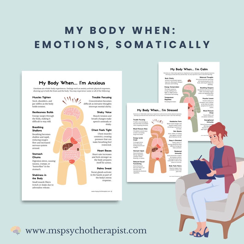 May include: A graphic with the title "My Body When: Emotions, Somatically" features illustrations detailing physical responses to anxiety, stress, and calm. The image includes a person sitting and taking notes, with charts and diagrams.