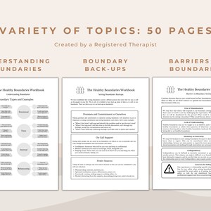 May include: A printable workbook with three sections titled "Understanding Boundaries", "Boundary Back-Ups", and "Barriers to Boundaries". Each section has a different color background and includes text and illustrations.