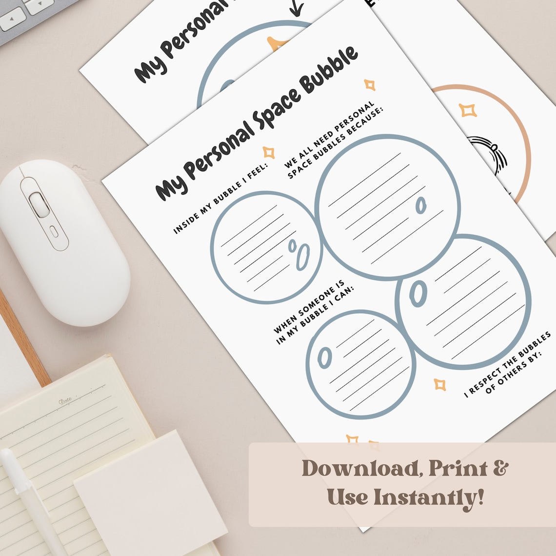 Personal space bubble worksheets and education for teachers and mental