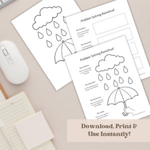 K&ouml;nnte beinhalten: Wei&szlig;e, bedruckbare Arbeitsbl&auml;tter mit dem Titel "Problem Solving Raincloud" und Illustrationen einer Wolke, Regentropfen und eines Regenschirms. Der Text "Download, Print & Use Instantly!" befindet sich unten.