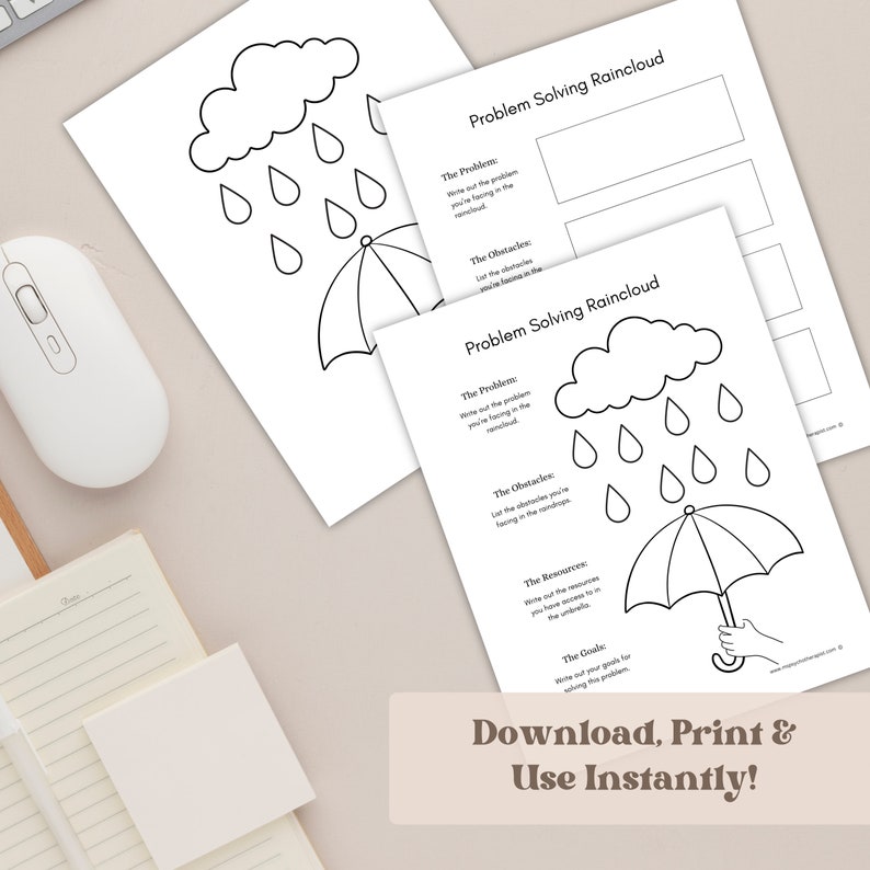 K&ouml;nnte beinhalten: Wei&szlig;e, bedruckbare Arbeitsbl&auml;tter mit dem Titel "Problem Solving Raincloud" und Illustrationen einer Wolke, Regentropfen und eines Regenschirms. Der Text "Download, Print & Use Instantly!" befindet sich unten.