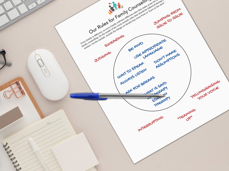 May include: A printable worksheet with a circle in the center and a list of phrases around it. The phrases are divided into two categories: "Inside the Circle" and "Outside the Circle". The phrases inside the circle are "Be Kind", "Use Appropriate Language", "Wait to Speak", "Always Listen", "Ask for Breaks", "What is Said in Therapy", "Stay in Therapy". The phrases outside the circle are "Swearing", "Judging", "Jumping from Issue to Issue", "Don't Make Assumptions", "Interrupting", "Teaming Up", "Yelling/Raising Your Voice".