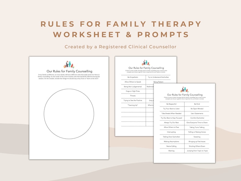 May include: A printable worksheet with prompts for family therapy. The worksheet includes a circle for families to draw themselves and lists of rules for family counseling.