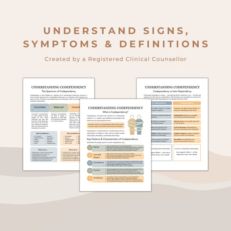 3 worksheets - understanding codependency, the spectrum of codependency, and codependency vs interdependency