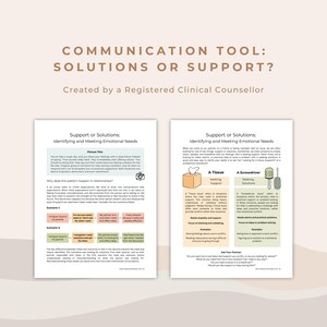 Puede incluir: Dos páginas blancas con texto y gráficos. El título dice "Herramienta de comunicación: ¿Soluciones o apoyo?" y "Apoyo o soluciones: Identificación y satisfacción de las necesidades emocionales". Una página tiene un gráfico de pañuelo, la otra un destornillador.
