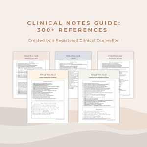 May include: A set of six printable clinical notes guides for therapists and counselors. The guides are titled "Assessing Risk and Safety Planning", "Termination", "Trauma Exploration and Processing", "Symptom Assessment and Management", "Therapeutic Alliance Development and Rupture", and "Alliance Repair".