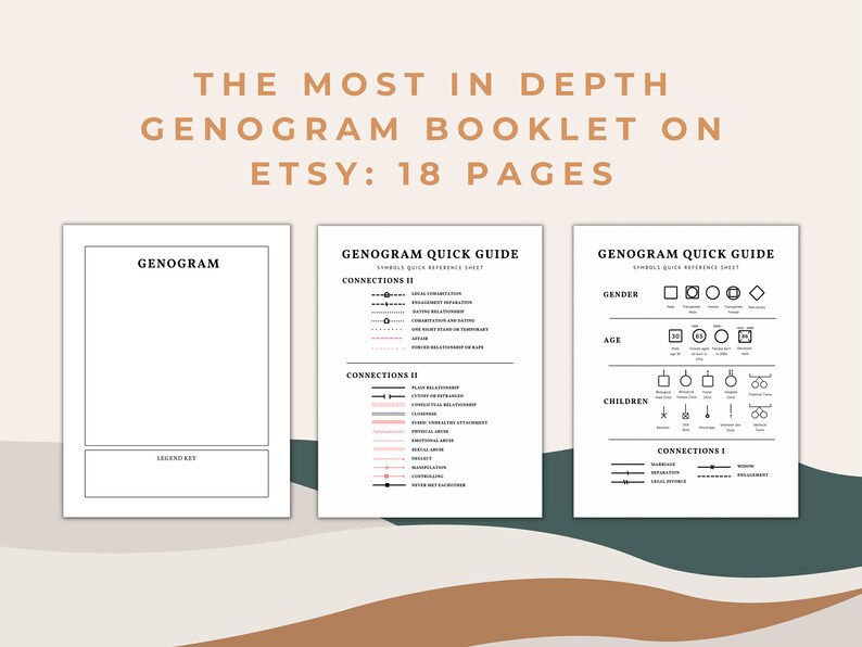 Peut inclure: Un livret de g&eacute;n&eacute;alogie imprimable de 18 pages. Le livret comprend un mod&egrave;le de g&eacute;n&eacute;alogie vierge, une l&eacute;gende et un guide rapide des symboles de g&eacute;n&eacute;alogie. Le guide rapide comprend des symboles pour le sexe, l'&acirc;ge, les enfants et les liens.