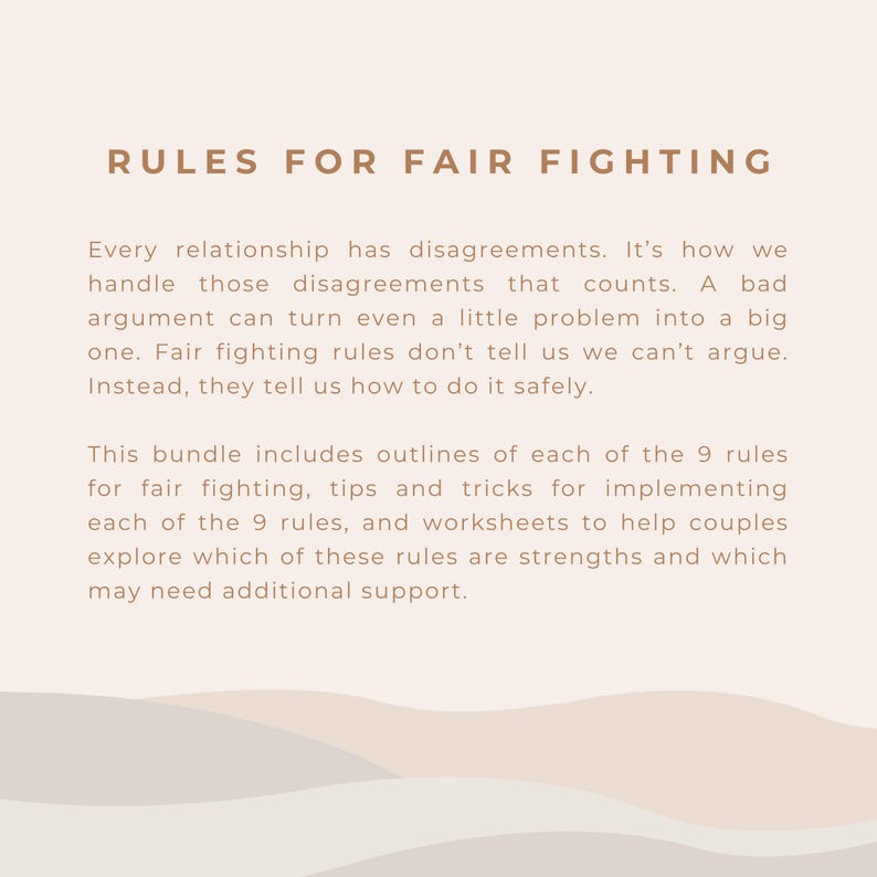 Pu&ograve; includere: Un prodotto digitale con il titolo "RULES FOR FAIR FIGHTING" in marrone. Il testo spiega l'importanza di gestire i disaccordi nelle relazioni e offre consigli e fogli di lavoro per le coppie.