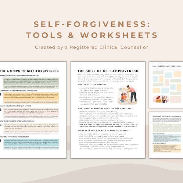 Self-Forgiveness Worksheet and Education Tool Bundle: Learning to Forgive Oneself Workbook for Mental Health Psychology and Therapy