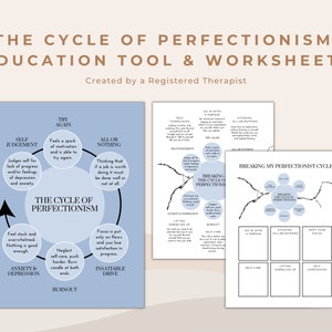 Può includere: Un foglio di lavoro stampabile blu e bianco con il titolo "Il ciclo del perfezionismo: Strumento educativo e fogli di lavoro" e un diagramma che mostra il ciclo del perfezionismo. Il diagramma include frasi come "Giudizio di sé", "Riprova", "Tutto o niente", "Ansia e depressione", "Esaurimento", "Guida insaziabile" e "Trascurare l'auto-cura".