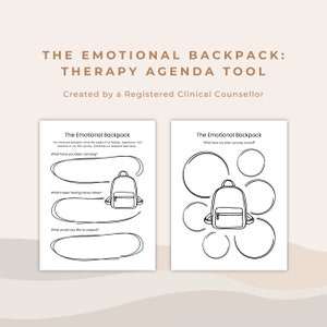 Peut inclure: Feuille de travail imprimable en noir et blanc avec le titre "The Emotional Backpack: Therapy Agenda Tool" et un dessin d'un sac à dos avec des cercles autour. La feuille de travail comprend des invites telles que "What have you been carrying?" et "What's been feeling heavy lately?"