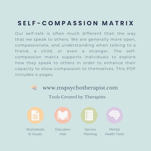 May include: A blue and white graphic with the text "SELF-COMPASSION MATRIX" and a description of the self-compassion matrix. The graphic also includes a website address, "www.mspsychotherapist.com", and the text "Tools Created by Therapists". Below the text are four icons representing different types of resources: worksheets and visuals, education aids, service planning, and mental health tools.