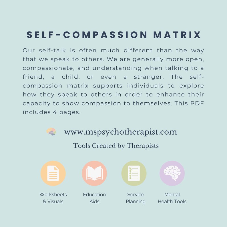 May include: A blue and white graphic with the text "SELF-COMPASSION MATRIX" and a description of the self-compassion matrix. The graphic also includes a website address, "www.mspsychotherapist.com", and the text "Tools Created by Therapists". Below the text are four icons representing different types of resources: worksheets and visuals, education aids, service planning, and mental health tools.
