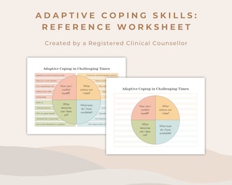 May include: A printable worksheet with a circle divided into four sections. The sections are labeled "How can I comfort myself?", "What actions can I take?", "What resources can I lean on?", and "What tools do I have available?" The worksheet is titled "Adaptive Coping in Challenging Times".