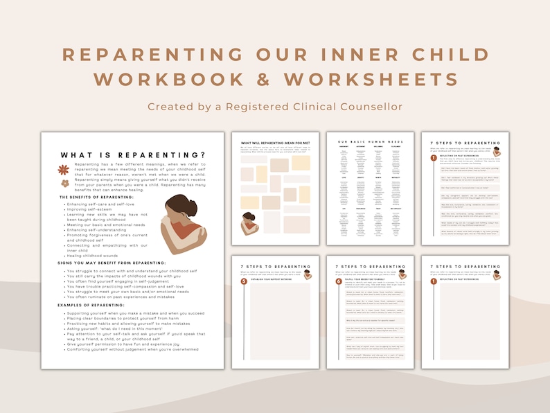Pu&ograve; includere: Un quaderno di lavoro e fogli di lavoro per ri-genitorizzare il tuo bambino interiore. La copertina presenta un'illustrazione marrone e pesca di una donna che tiene un bambino. Il titolo "Re-Parenting Our Inner Child Workbook & Worksheets" &egrave; in testo marrone. Il testo "Creato da un consulente clinico registrato" &egrave; in testo marrone pi&ugrave; piccolo.