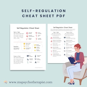 May include: A PDF document titled "Self-Regulation Cheat Sheet" with detailed information on managing emotions. The document includes sections on "Fight or Flight," "Freeze or Fawn," and "Regulation," with associated diagrams and text. A woman is seated nearby, holding a clipboard.