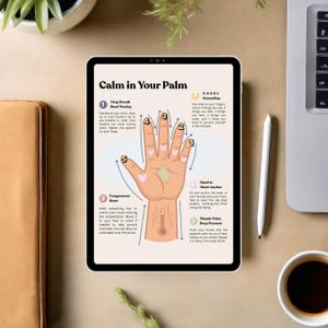 K&ouml;nnte beinhalten: Ein Tablet-Bildschirm zeigt "Calm in Your Palm" mit Anweisungen f&uuml;r Atem- und Erdungstechniken. Das Bild enth&auml;lt eine Handdiagramm mit nummerierten Punkten und einen Stift.