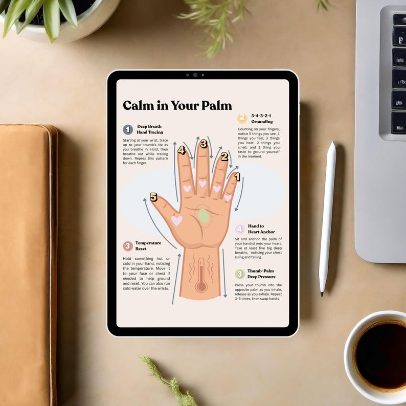 K&ouml;nnte beinhalten: Ein Tablet-Bildschirm zeigt "Calm in Your Palm" mit Anweisungen f&uuml;r Atem- und Erdungstechniken. Das Bild enth&auml;lt eine Handdiagramm mit nummerierten Punkten und einen Stift.