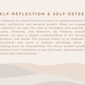 May include: A beige and brown illustration of wavy lines with the text "SELF-REFLECTION & SELF-ESTEEM" and a description of self-reflection as a powerful practice that can greatly enhance self-esteem, confidence, and personal growth.
