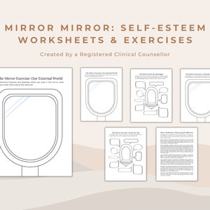 Op de afbeelding: Een set printbare werkbladen en oefeningen die zijn ontworpen om te helpen bij het verbeteren van het zelfvertrouwen. De werkbladen bevatten een spiegelbeeld en prompts voor reflectie. De tekst op de pagina luidt: "Spiegel, spiegel: Werkbladen en oefeningen voor zelfvertrouwen. Gemaakt door een geregistreerde klinisch adviseur. De spiegel oefening: Onze externe wereld."