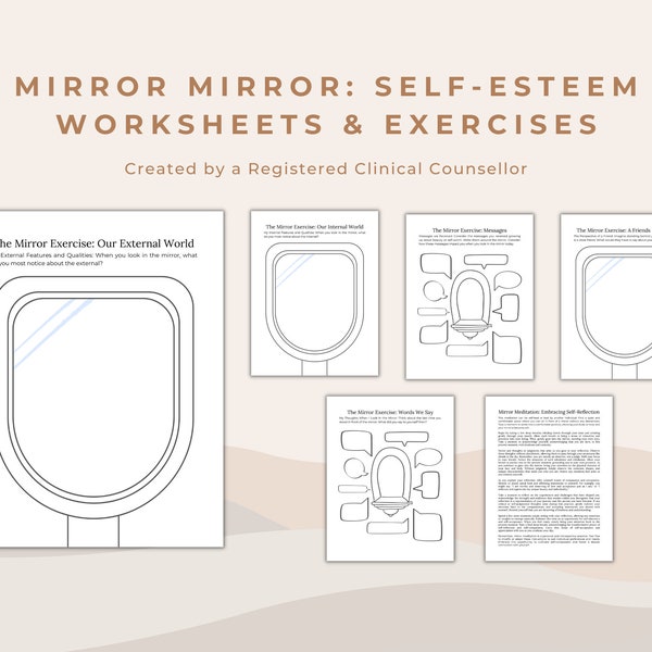 Self-Esteem & Self-Reflection Worksheet and Mindfulness Meditation Bundle: 6 Worksheets and 3 Mirror Meditation Scripts for Therapy Practice