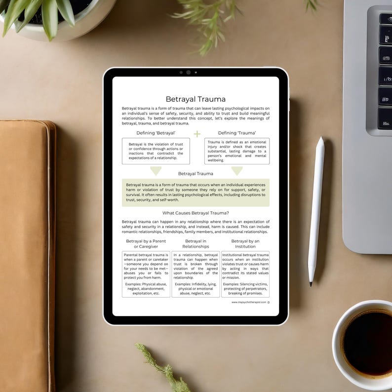 May include: A digital illustration on a tablet screen explaining the concept of betrayal trauma. The illustration defines betrayal, trauma, and betrayal trauma. It also lists the causes of betrayal trauma, including betrayal by a parent or caregiver, betrayal in relationships, and betrayal by an institution.
