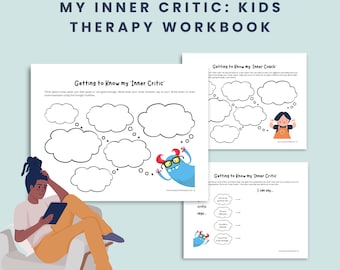 May include: A printable workbook for kids to help them understand and manage their inner critic. The workbook features a cartoon monster and a thought bubble activity. The text on the page reads "Getting to Know my Inner Critic".
