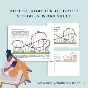 Può includere: Un'immagine di un visual e di un foglio di lavoro intitolato "Roller-Coaster of Grief". Il grafico raffigura un ottovolante che rappresenta le fasi del lutto. Una persona è seduta, con in mano un tablet. Il sito web www.mspsychotherapist.com è visibile.