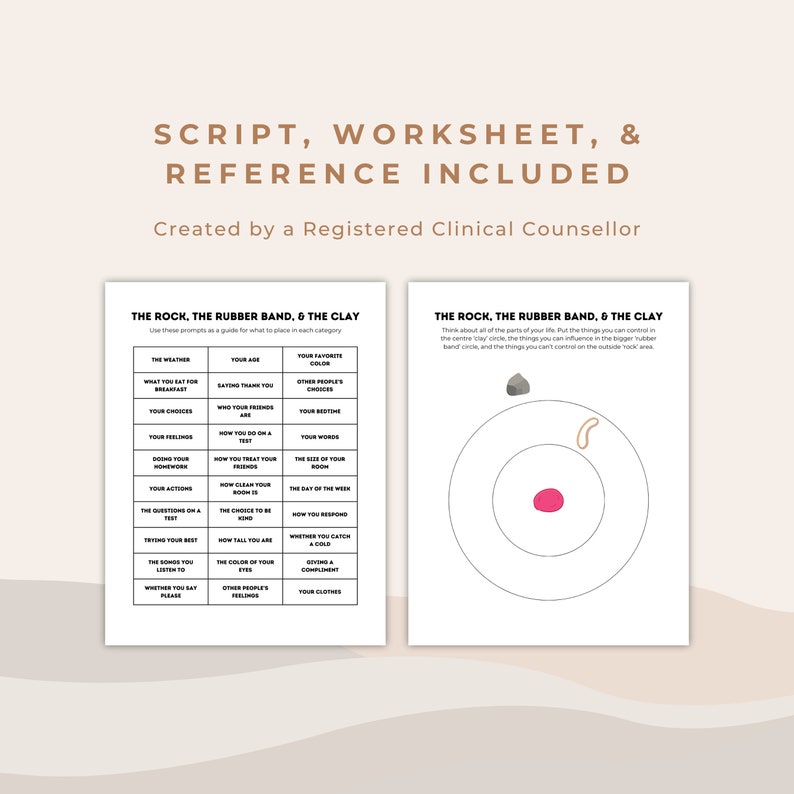 May include: Two worksheets with the text "SCRIPT, WORKSHEET, & REFERENCE INCLUDED" and "Created by a Registered Clinical Counsellor." The worksheets are titled "THE ROCK, THE RUBBER BAND, & THE CLAY" and contain prompts for self-reflection and guidance.