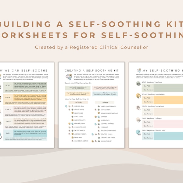 Self Soothing Kit Builder Therapeutic Worksheets for Calming the Nervous System with The 5 Senses | Somatic Therapy Tool for Neurodivergence