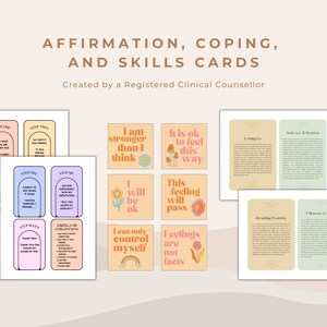 Peut inclure: Ensemble de cartes d'affirmation, de gestion et de comp&eacute;tences. Les cartes pr&eacute;sentent des couleurs pastel et des phrases telles que &laquo; Je suis plus fort que je ne le pense &raquo; et &laquo; C'est ok de se sentir ainsi &raquo;. Le texte &laquo; Cr&eacute;&eacute; par un conseiller clinique agr&eacute;&eacute; &raquo; est &eacute;galement visible.