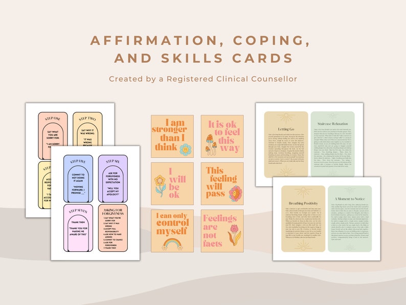 Peut inclure: Ensemble de cartes d'affirmation, de gestion et de comp&eacute;tences. Les cartes pr&eacute;sentent des couleurs pastel et des phrases telles que &laquo; Je suis plus fort que je ne le pense &raquo; et &laquo; C'est ok de se sentir ainsi &raquo;. Le texte &laquo; Cr&eacute;&eacute; par un conseiller clinique agr&eacute;&eacute; &raquo; est &eacute;galement visible.